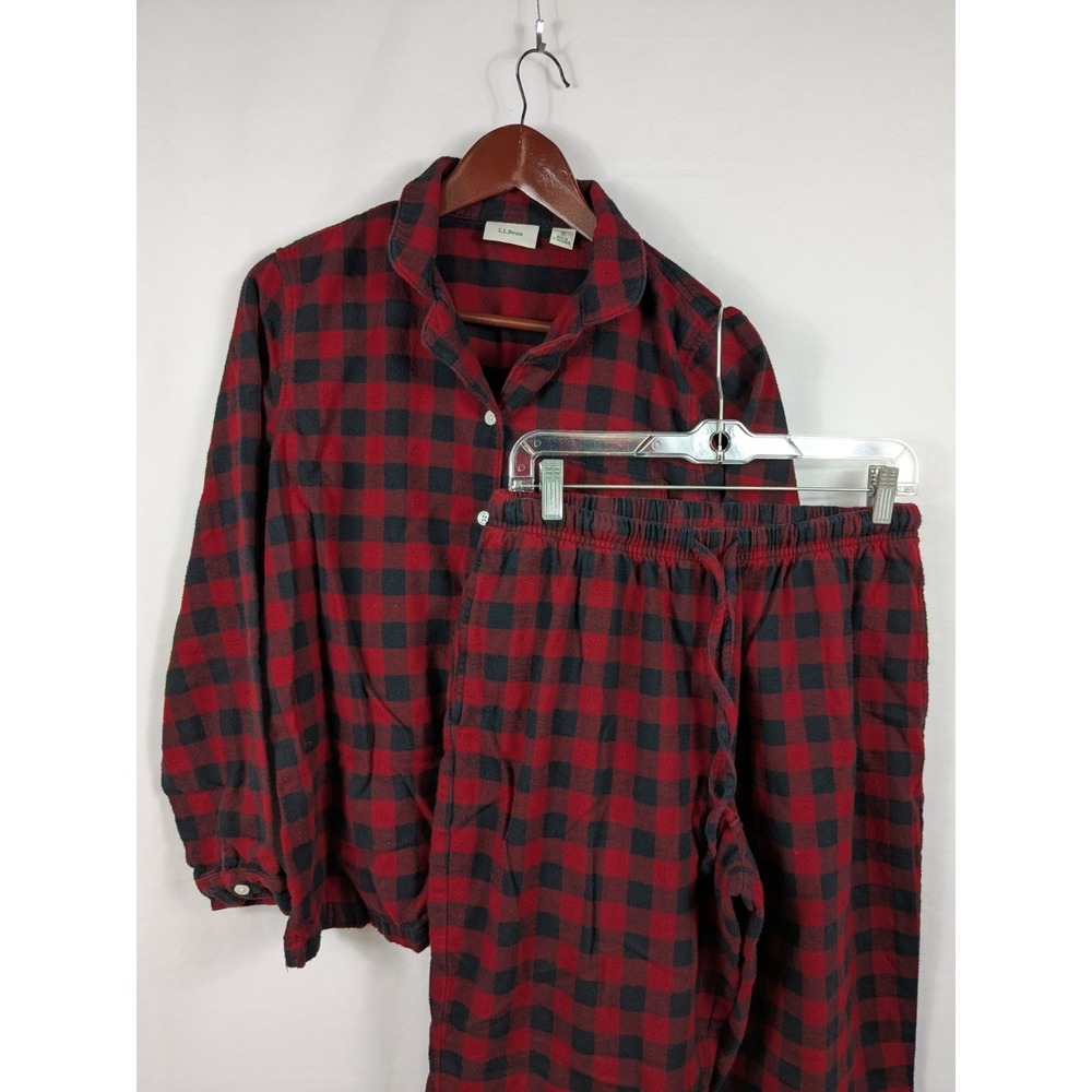 LL BEAN Cotton Flannel Womens Pajama Set Scotch Plaid Black Red Size Medium 2831
